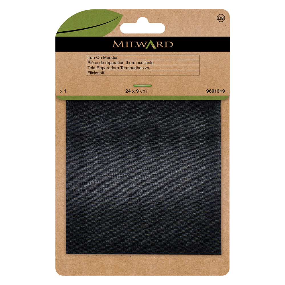Black iron-on mender patch in Milward Green packaging