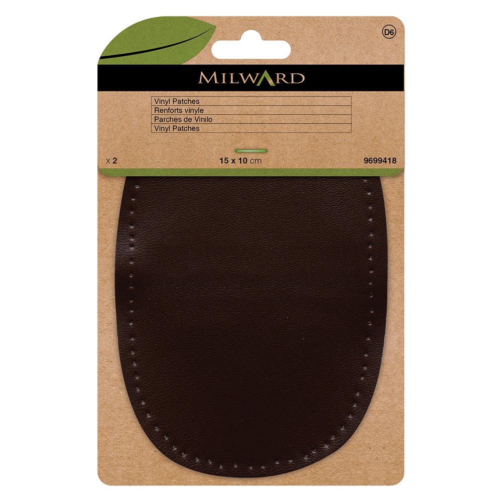 Two brown vinyl patches with punched sewing holes