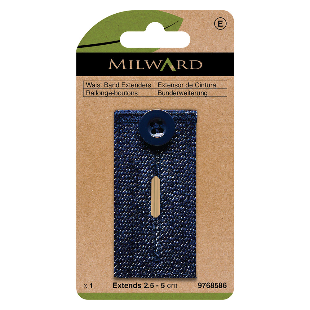 Waistband extender with a denim-coloured button
