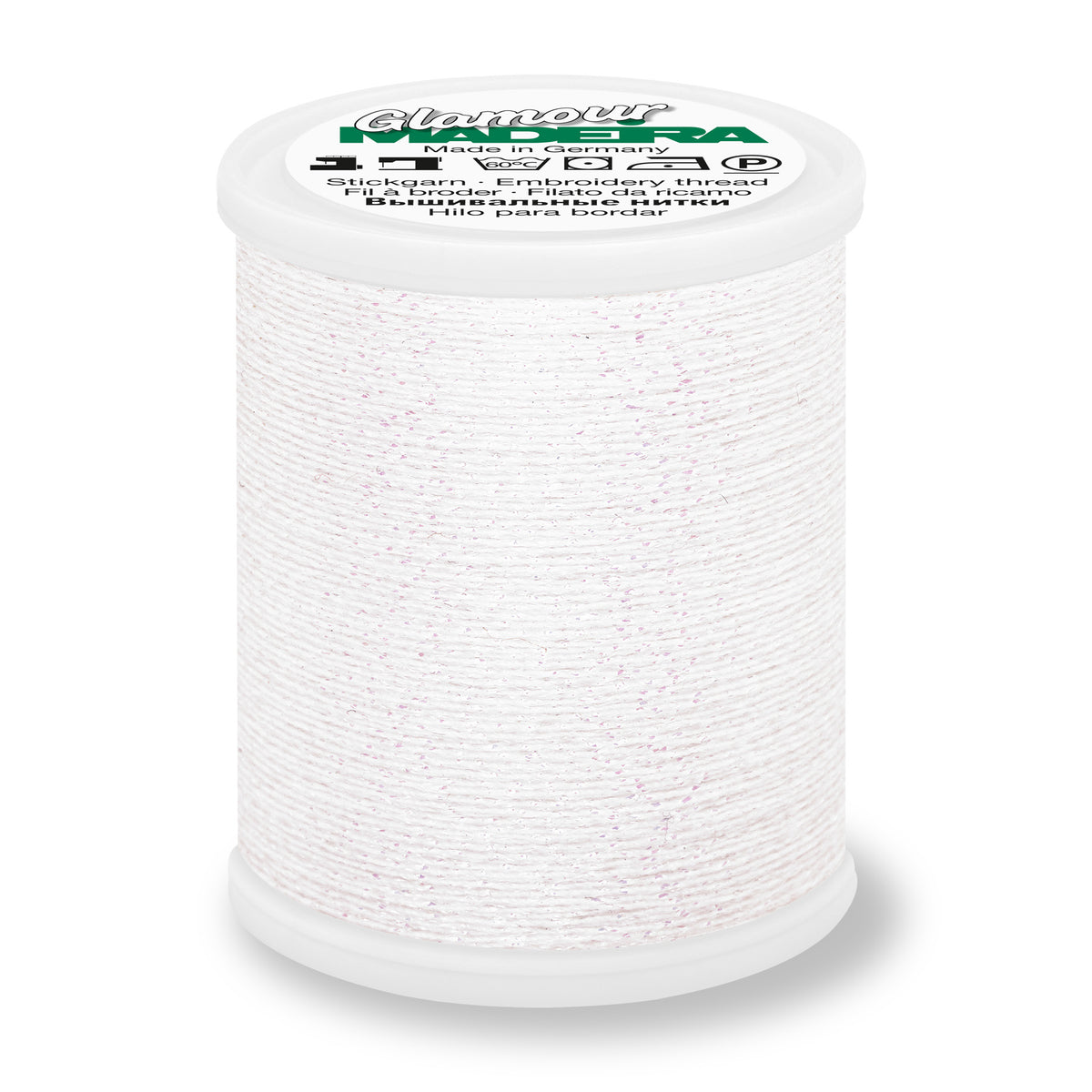 Spool of Madeira Glamour metallic embroidery thread in Prism Snow White