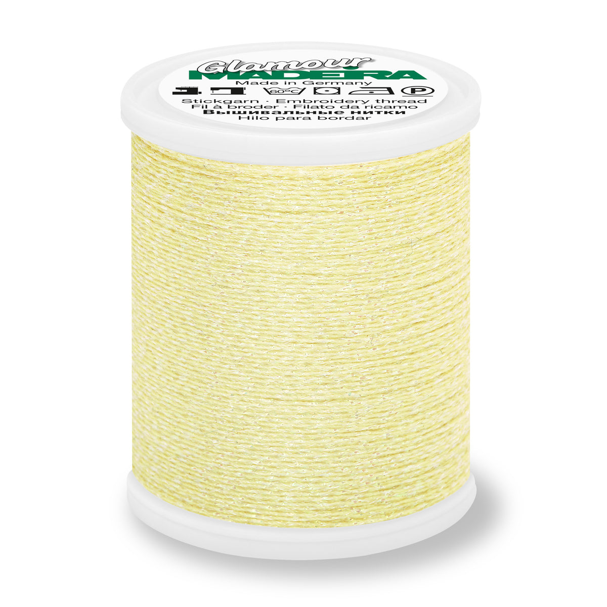 Spool of Madeira Glamour metallic embroidery thread in Prism Pale Yellow