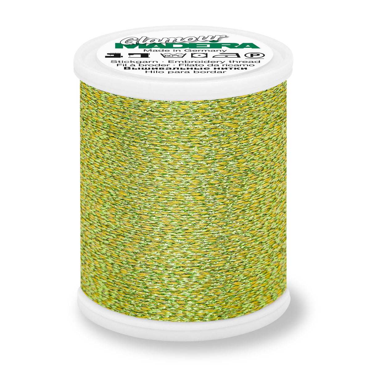 Spool of Madeira Glamour metallic embroidery thread in Glamour Green