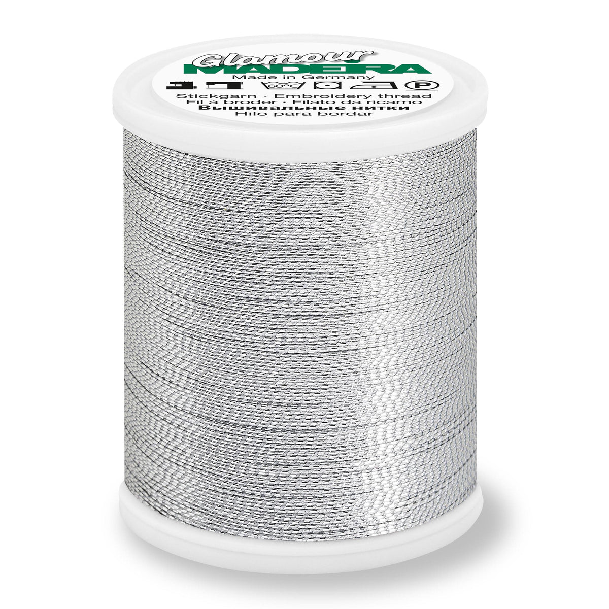 Spool of Madeira Glamour metallic thread in silver