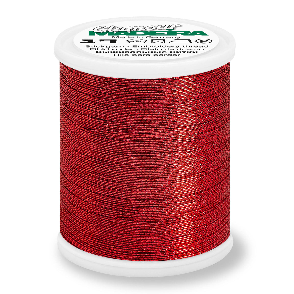 Spool of Madeira Glamour metallic thread in ruby