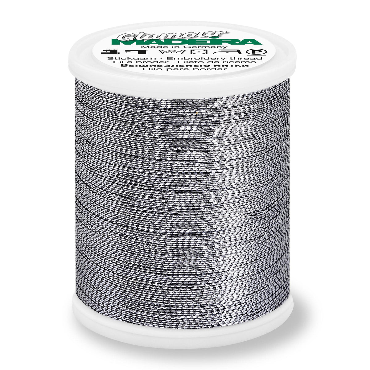 Spool of Madeira Glamour metallic thread in platinum