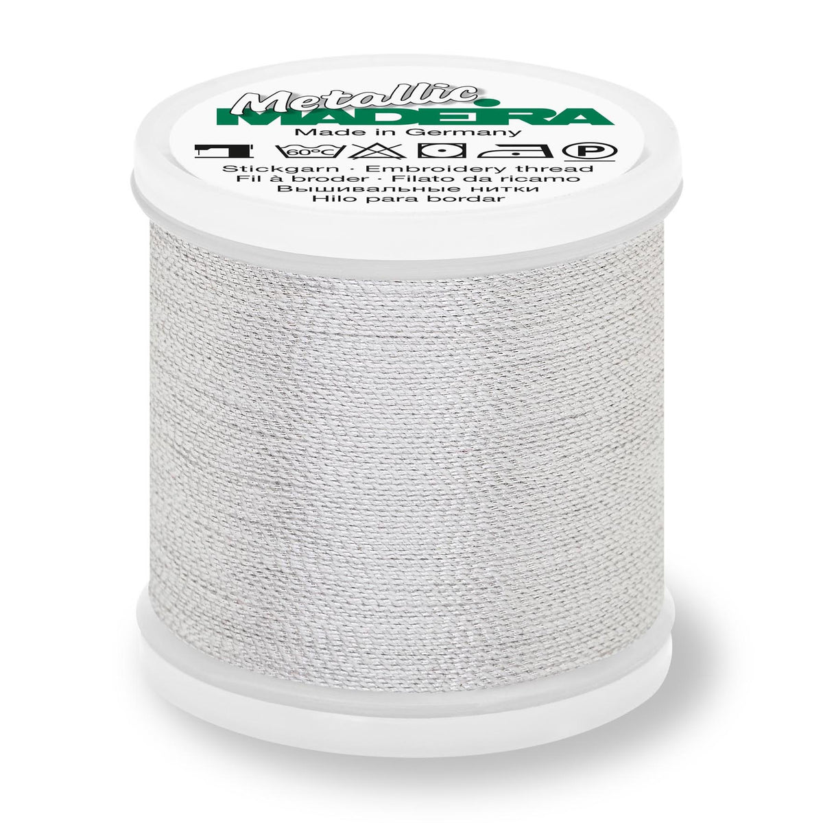 Spool of Madeira Metallic Soft No.40 embroidery thread in Silver Dust