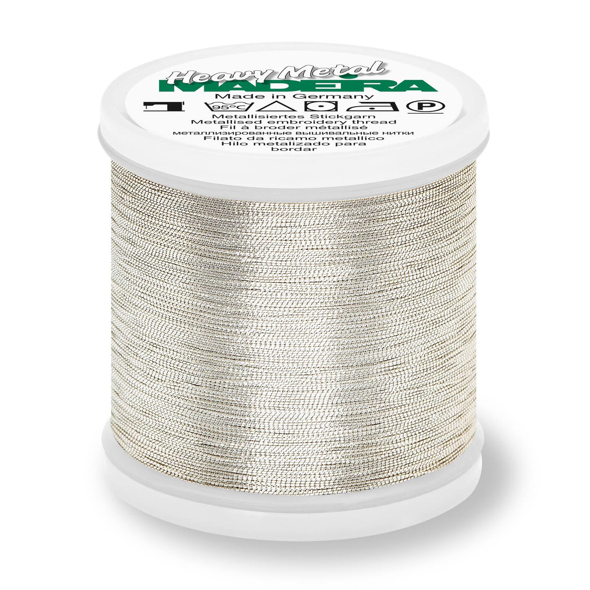 Spool of Madeira Heavy Metal metallic thread in silver