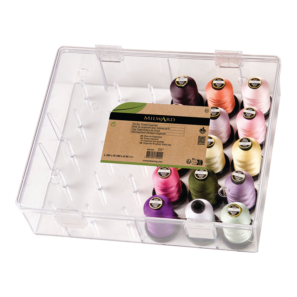 Clear plastic thread storage box holding spools of embroidery thread