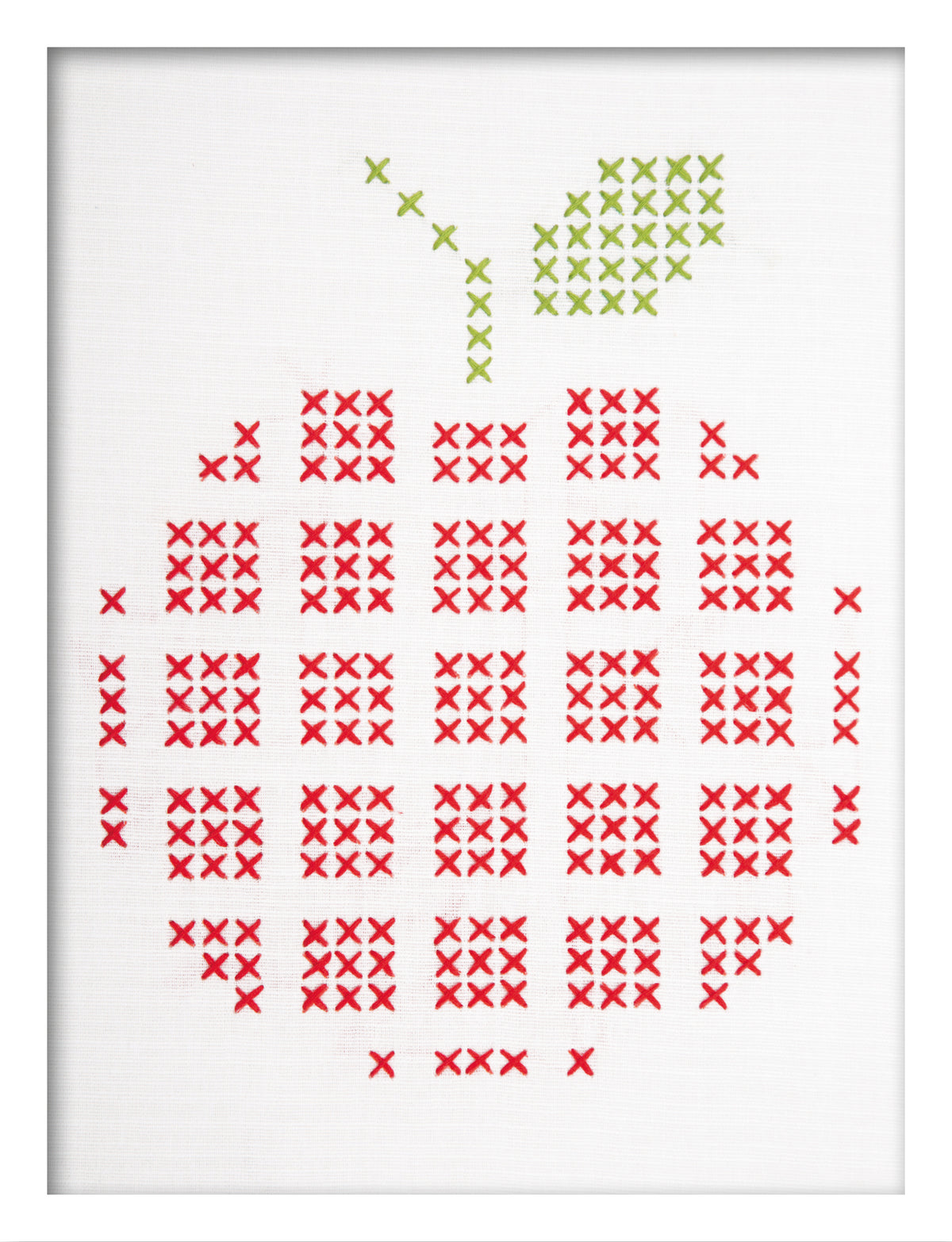 Embroidered apple design on white fabric