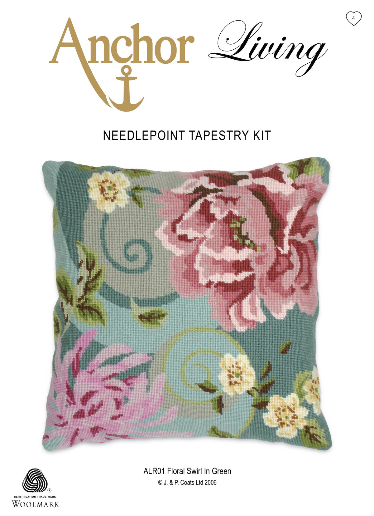 Tapestry cushion with a green floral swirl design