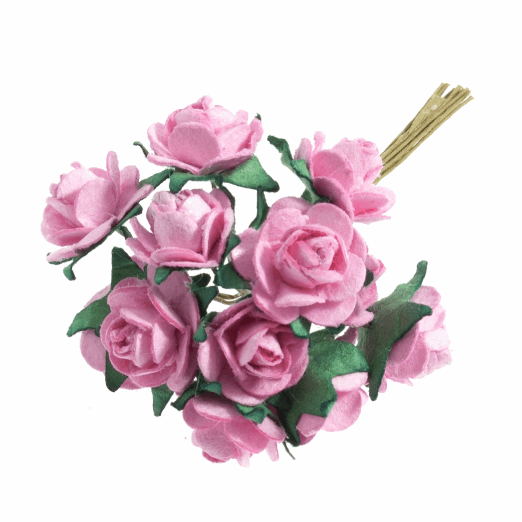 Pink Rose Paper Flowers - 14mm (Pack of 12 Stems)
