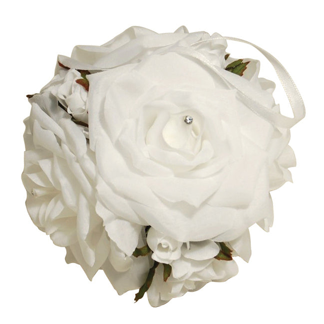 White rose bud flower ball with ribbon