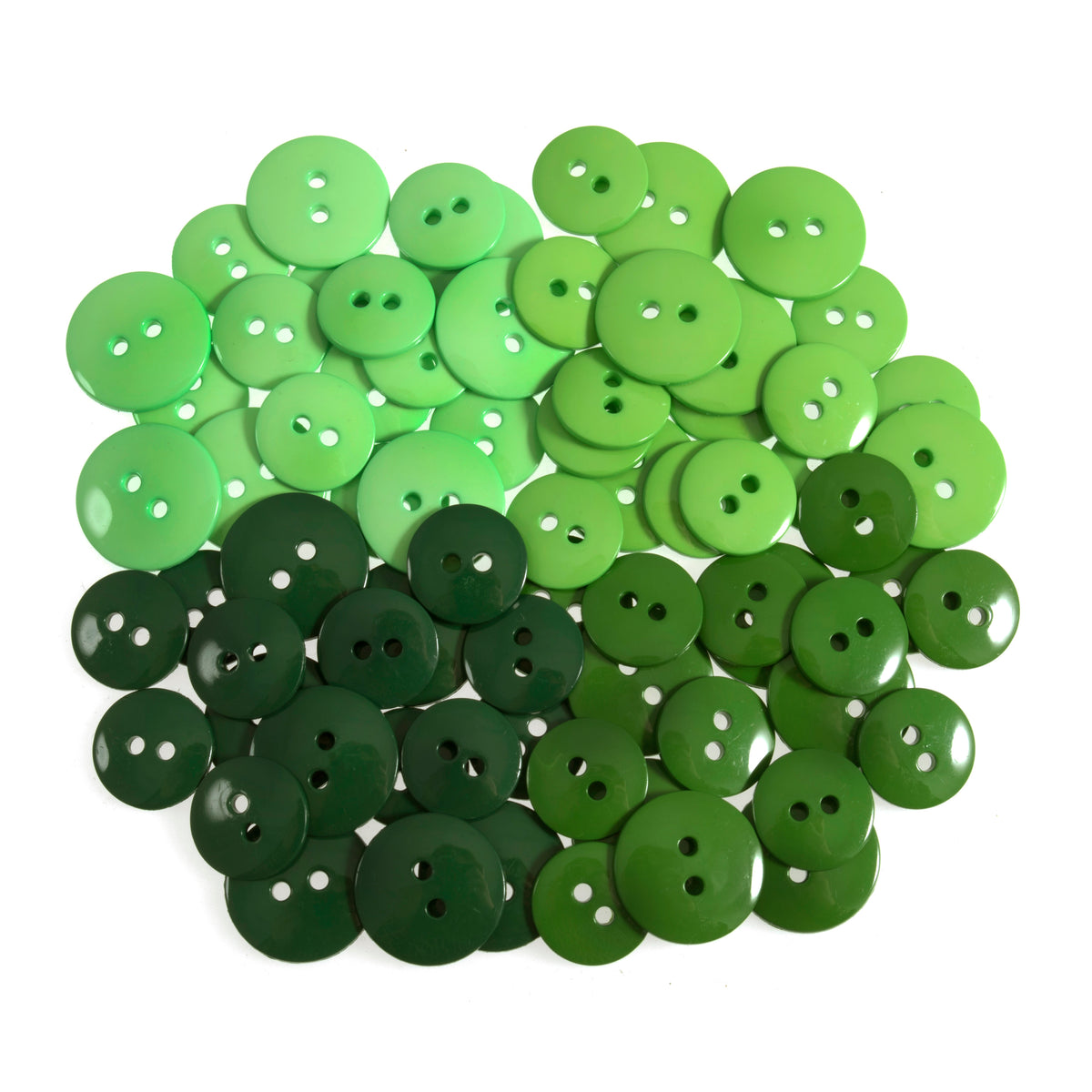Pack of green nylon craft buttons in mixed shades and sizes