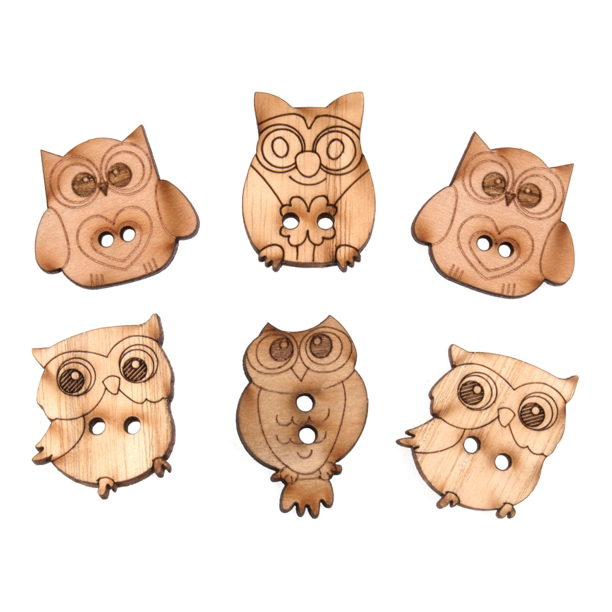 Pack of 6 wooden novelty buttons with a owls theme