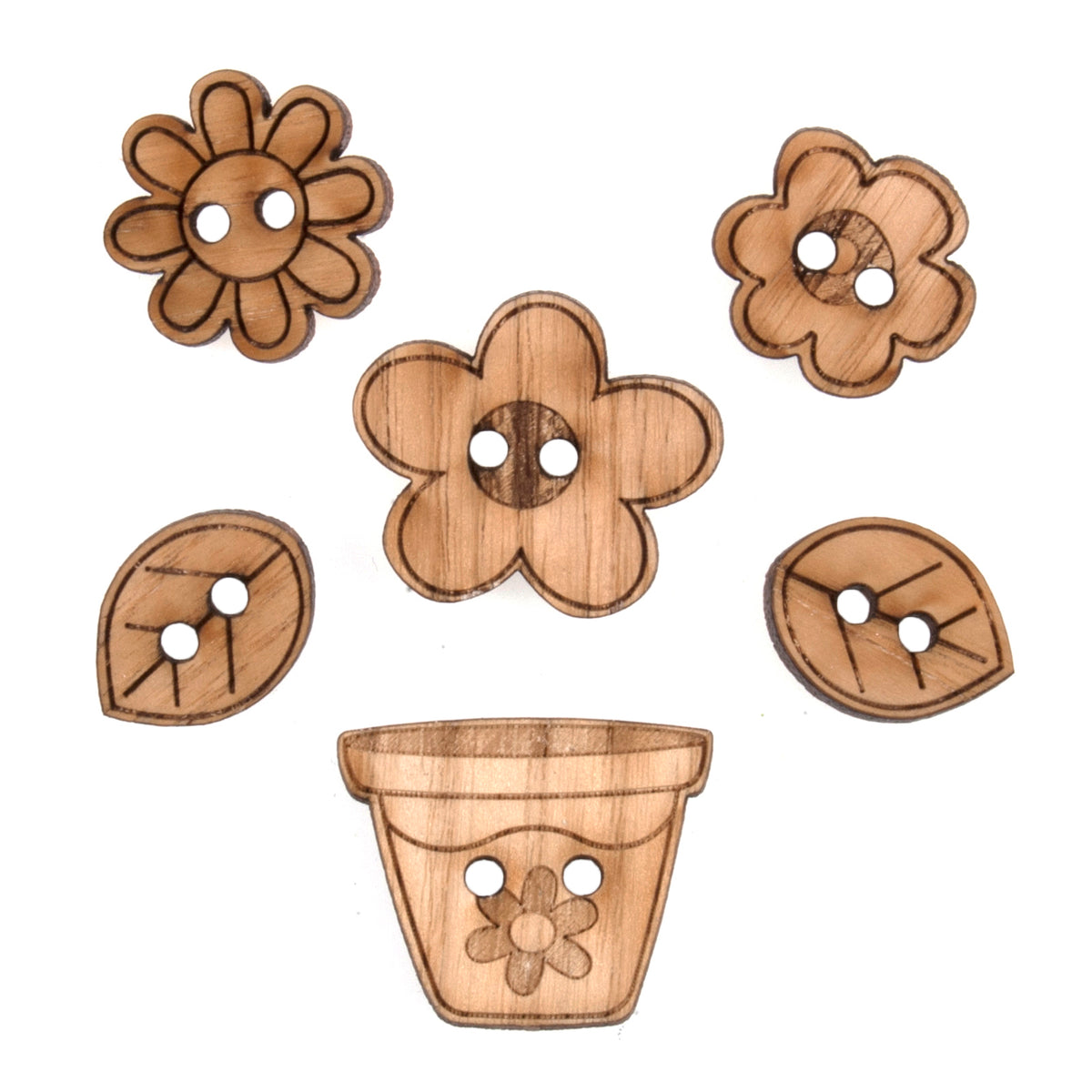 Pack of 6 wooden novelty buttons with a spring garden theme