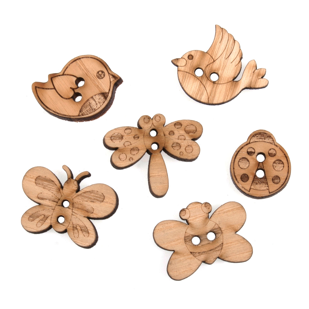 Pack of 6 wooden novelty buttons with a flutter theme