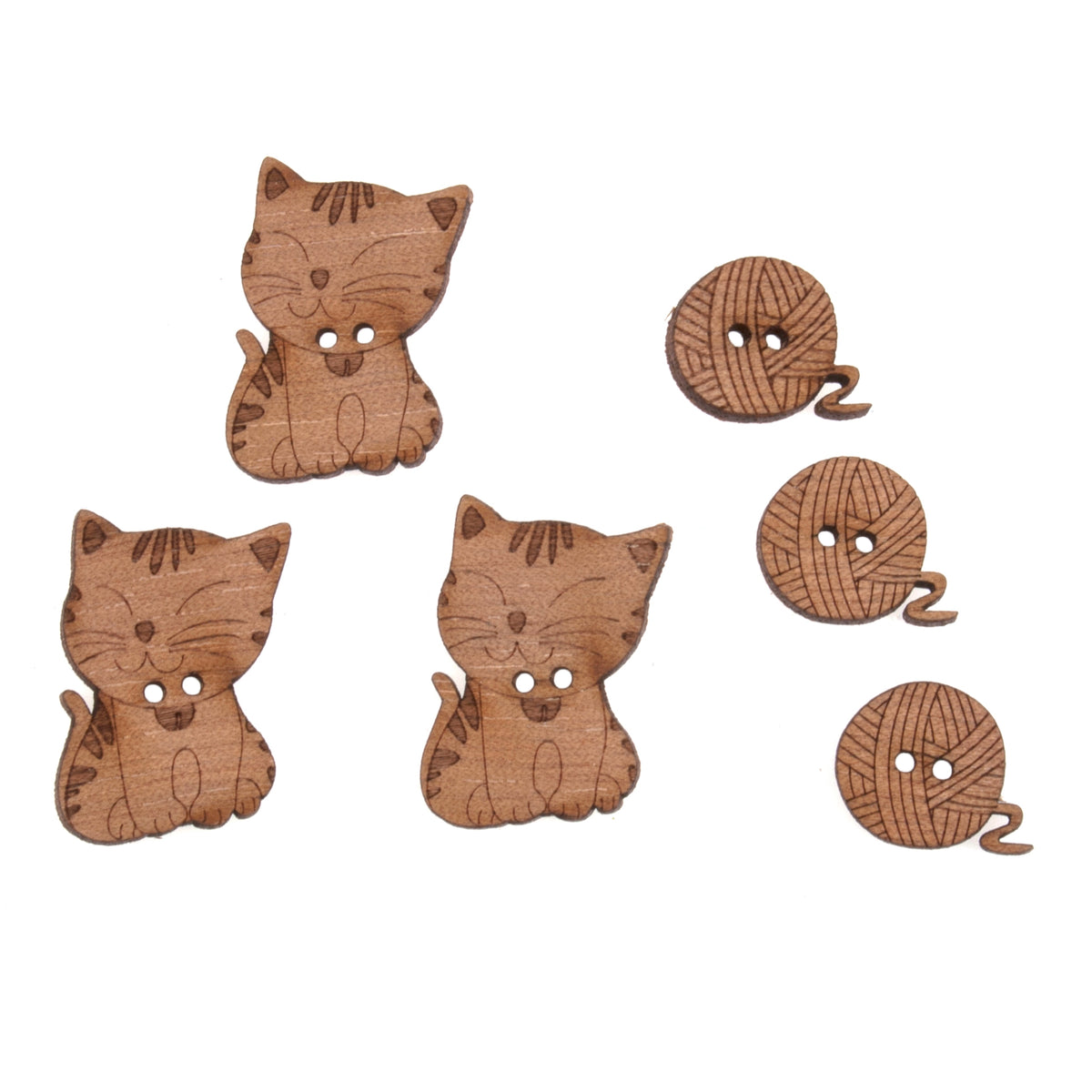 Pack of 6 wooden novelty buttons with a cats theme