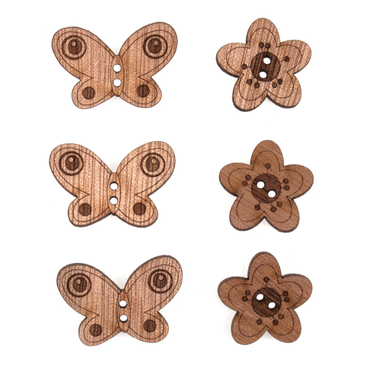 Pack of 6 wooden novelty buttons with a butterflies & flowers theme