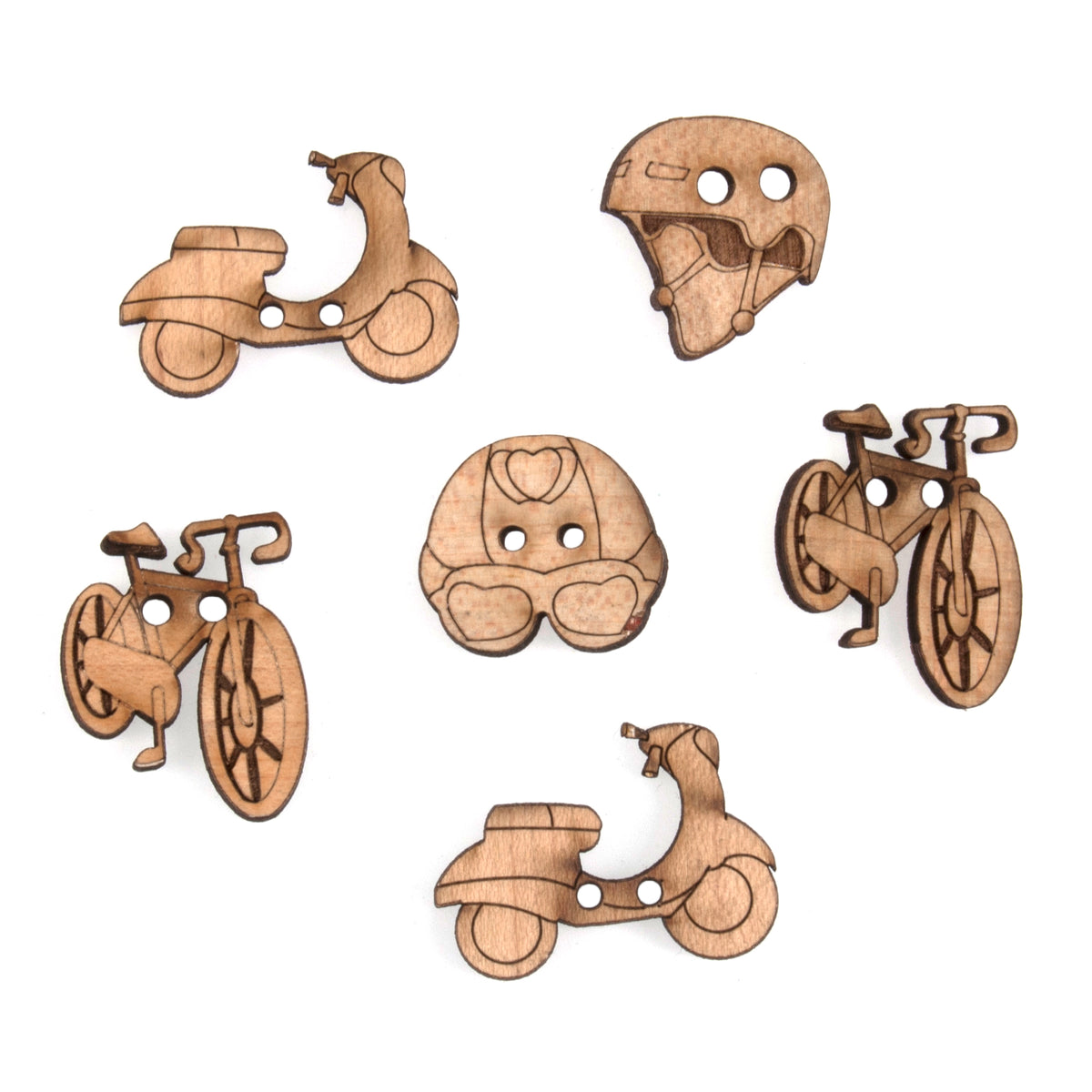 Pack of 6 wooden novelty buttons with a transport theme