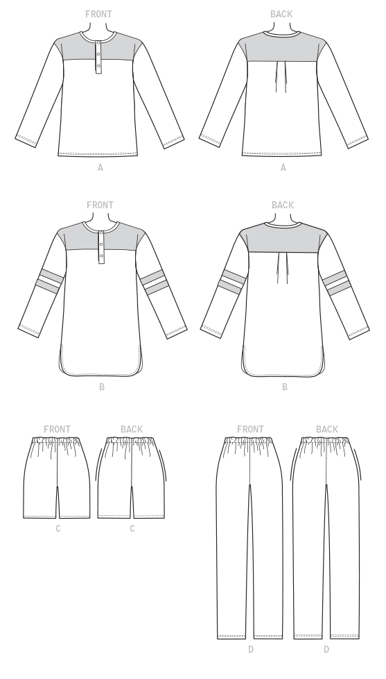 Butterick B6531 sewing pattern envelope showing unisex pullover top and tunic designs
