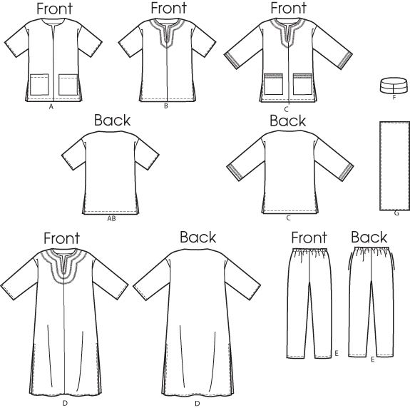 Butterick B6748 sewing pattern envelope showing unisex tunic or kaftan designs