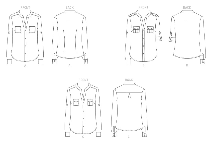 Butterick B6856 sewing pattern envelope showing women's button front top with pockets designs