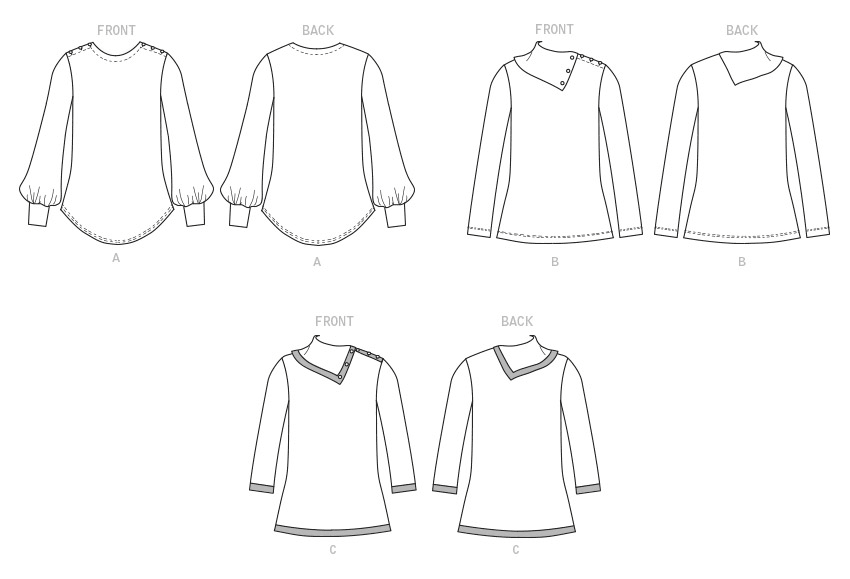 Butterick B6857 sewing pattern envelope showing women's pullover top designs