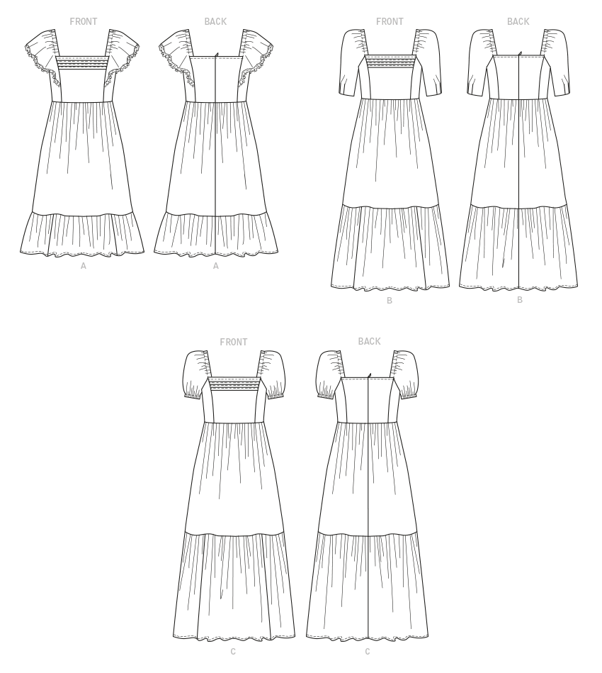 Butterick B6872 sewing pattern envelope showing misses' high waist square neck dress designs