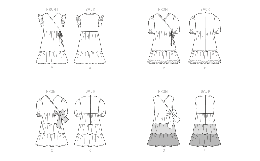 Butterick B6887 sewing pattern envelope showing children's faux wrap dress designs