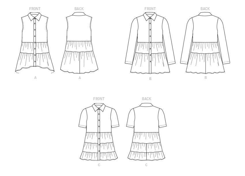 Butterick B6897 sewing pattern envelope showing misses' tiered button front top designs