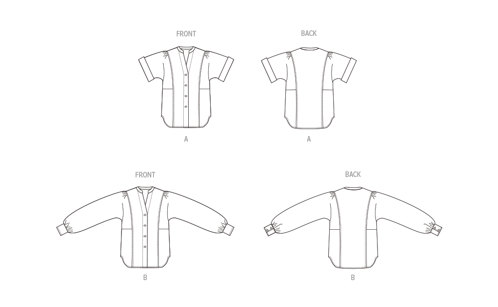 Butterick sewing pattern B6943 envelope showing a loose fitting button front top