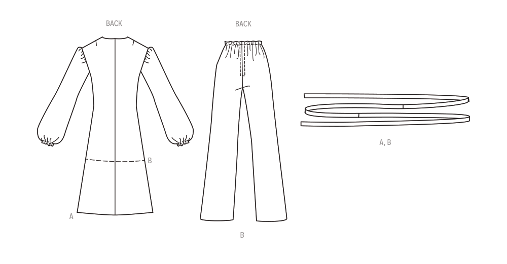 Butterick sewing pattern B6958 envelope showing a vintage 1970s-style dress, tunic and trousers