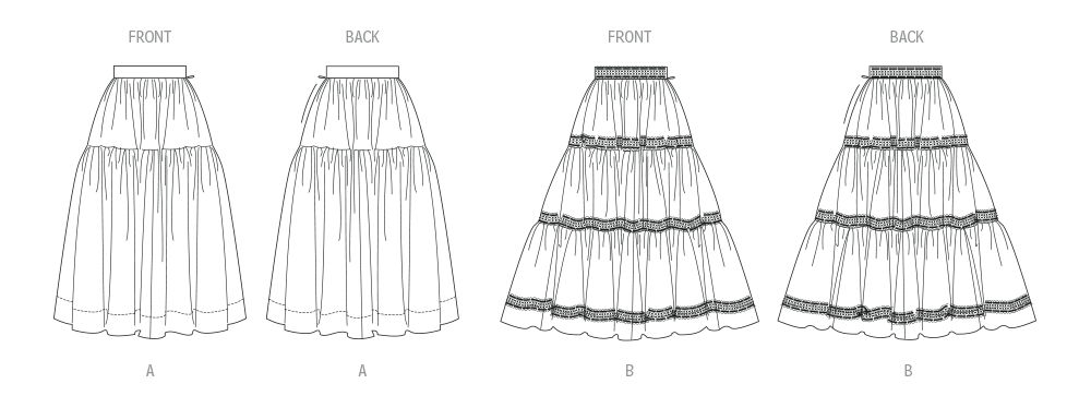 Butterick B7025 sewing pattern envelope showing misses' tiered skirt designs