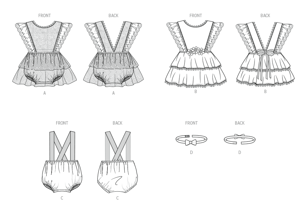 Butterick B7031 sewing pattern envelope showing baby romper designs