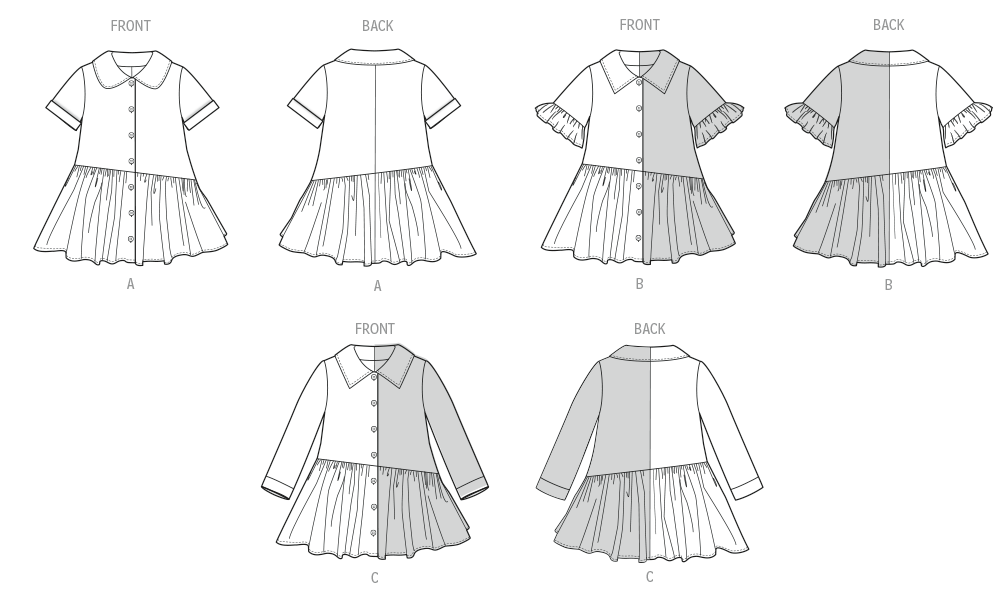 Butterick B7049 sewing pattern envelope showing toddler button-front dress designs