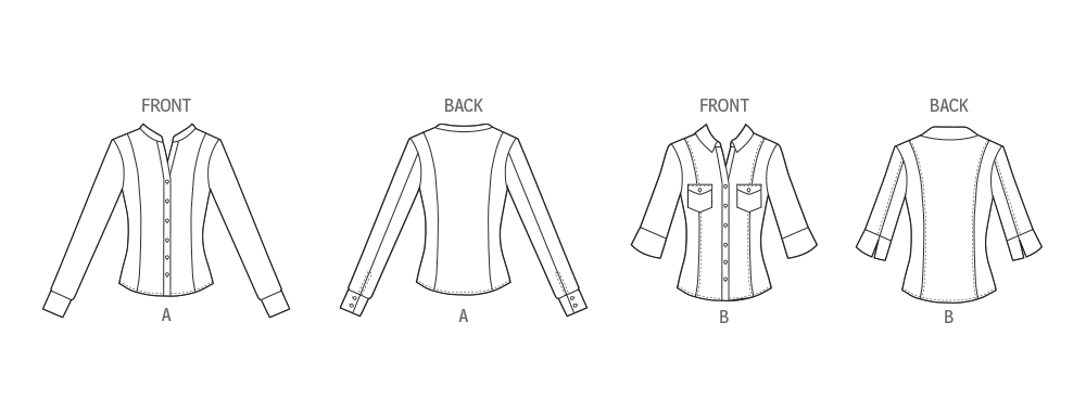 Butterick B7055 sewing pattern envelope showing fitted button-front shirt designs
