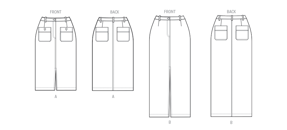 Butterick B7057 sewing pattern envelope showing pencil skirt designs