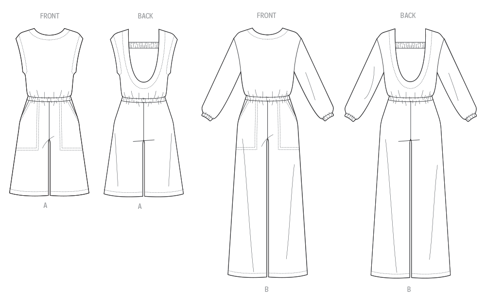 Butterick B7063 sewing pattern envelope showing open back knit jumpsuit designs