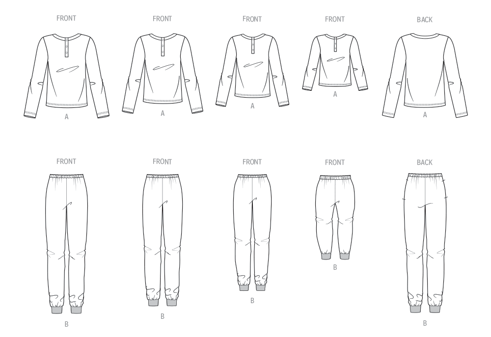 Butterick B7065 sewing pattern envelope showing matching unisex sleepwear for the whole family