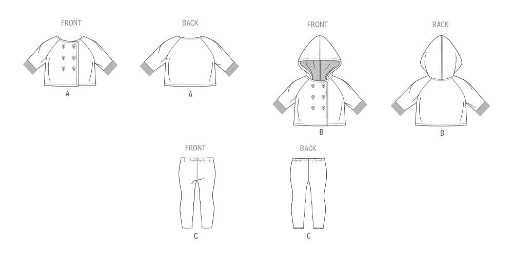 Butterick B7066 sewing pattern envelope showing a baby coat and leggings set