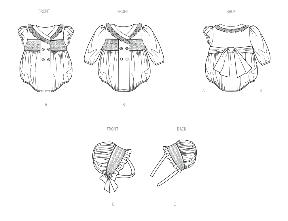 Butterick B7085 sewing pattern envelope showing a vintage-inspired double-breasted baby romper