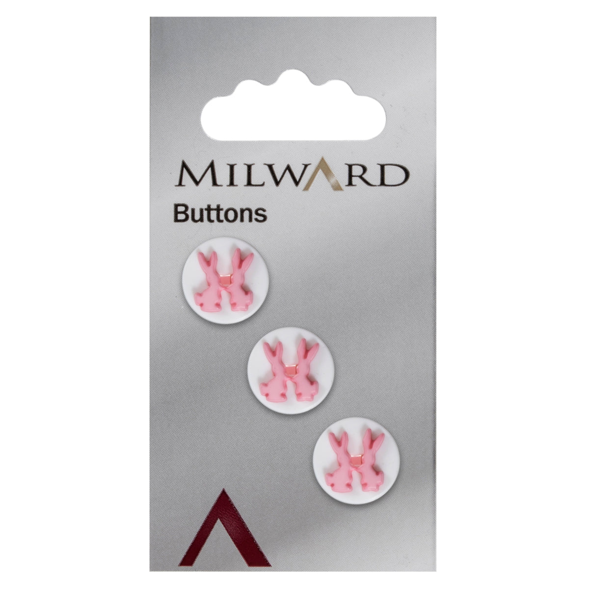 White round button printed with two pink rabbits