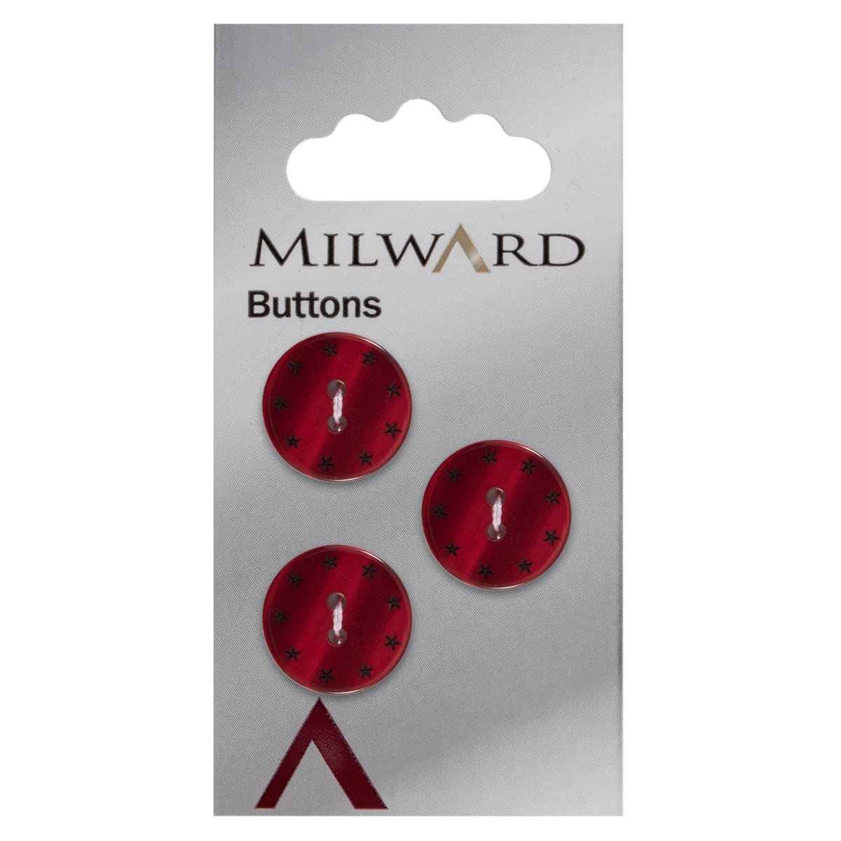 Deep red round 2-hole button with black stars