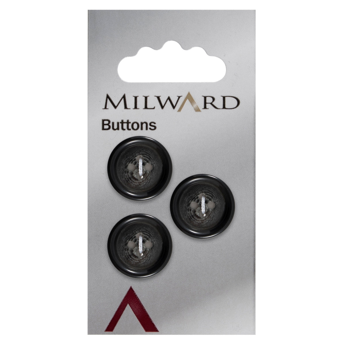 Glossy black 4-hole button with grey marbling and a raised rim