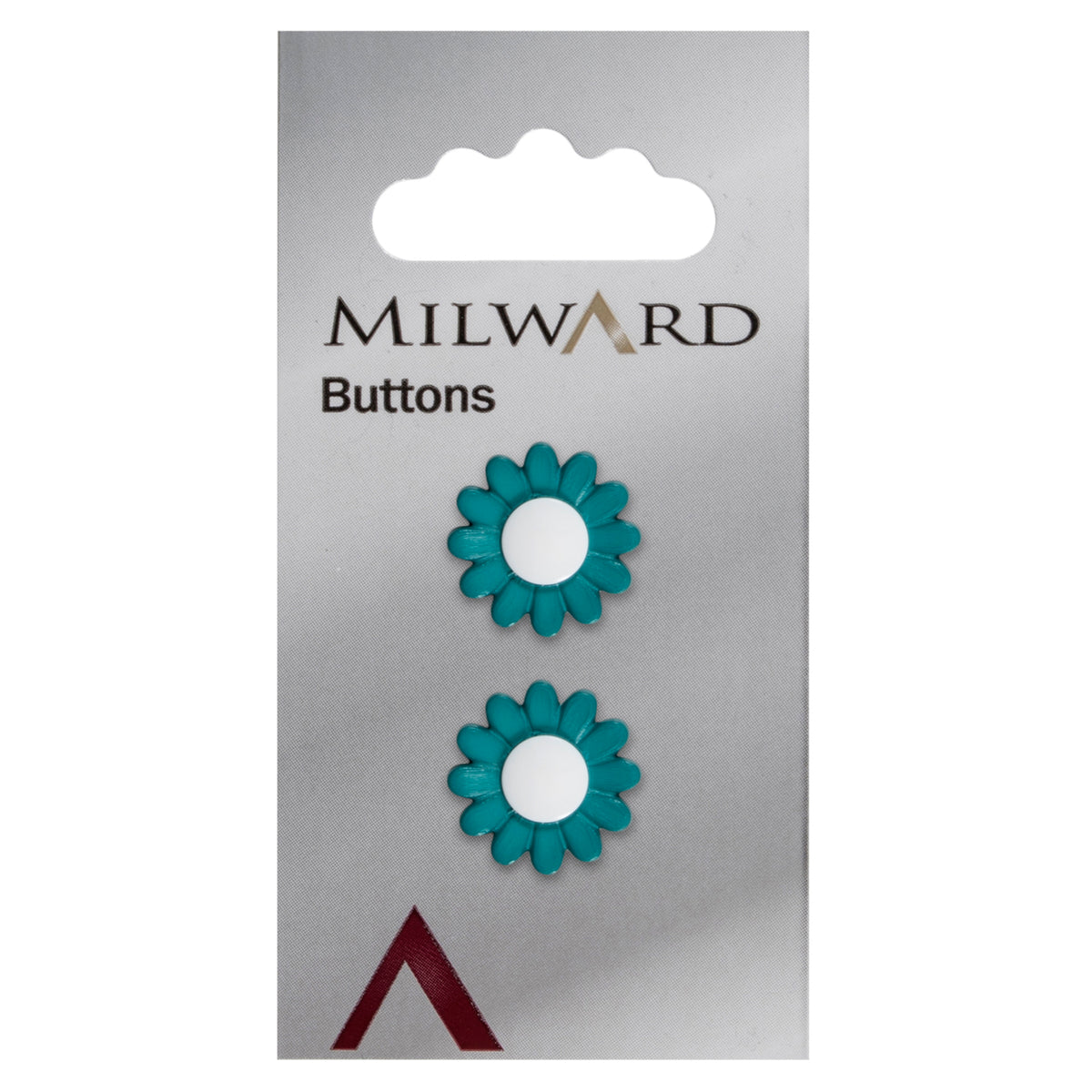 Teal daisy-shaped button with a white centre