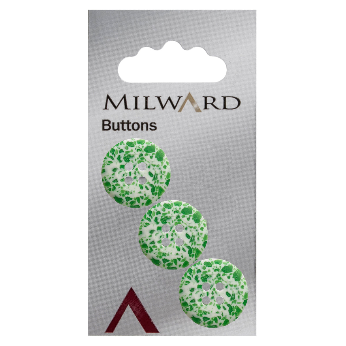 White 4-hole button with a green speckled pattern