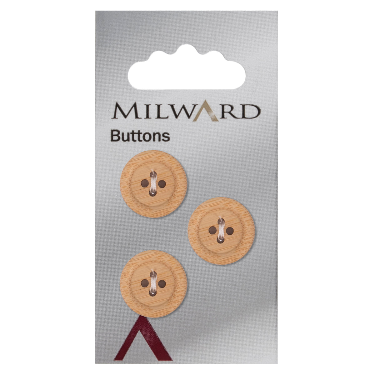 Light natural wood round four-hole button with rim