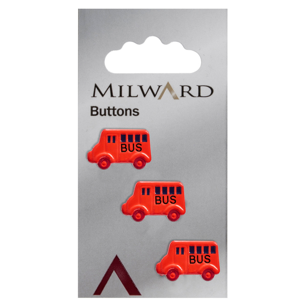 Red bus shaped novelty button with black windows