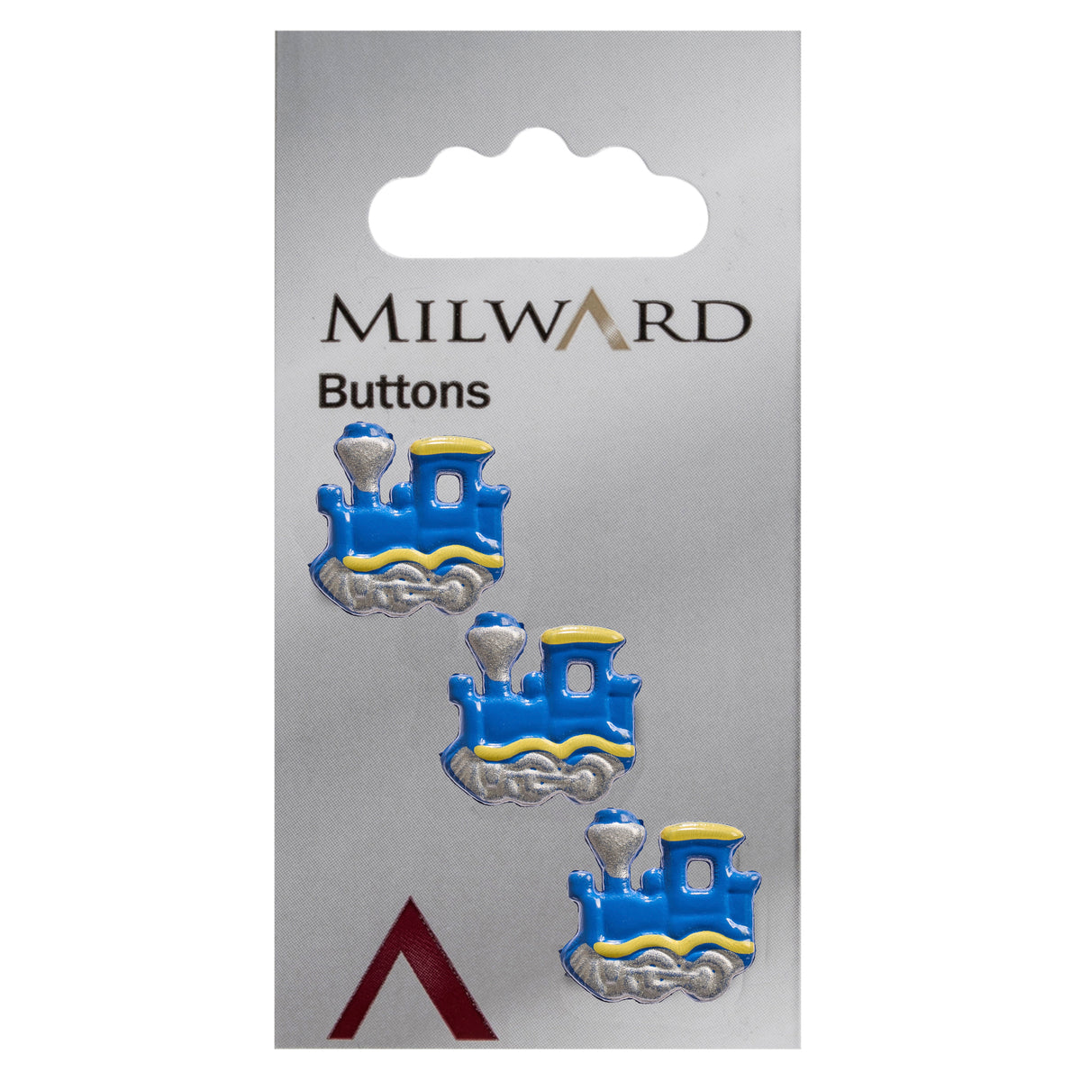 Blue steam train shaped novelty button