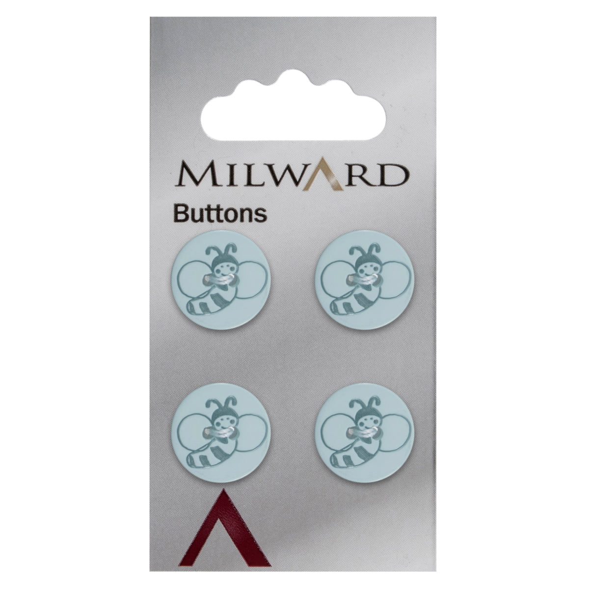 Pale aqua 2-hole button engraved with a bee